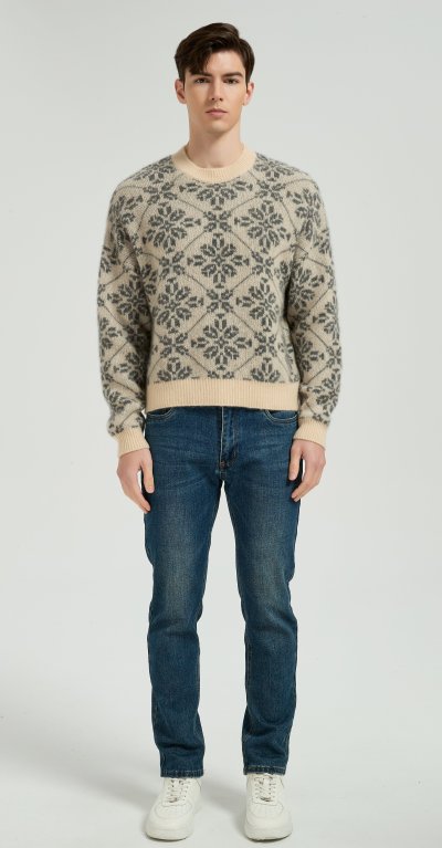 High Quality Men's Classic Geometric Jacquard Silk Cashmere Sweater From Chinese Factory