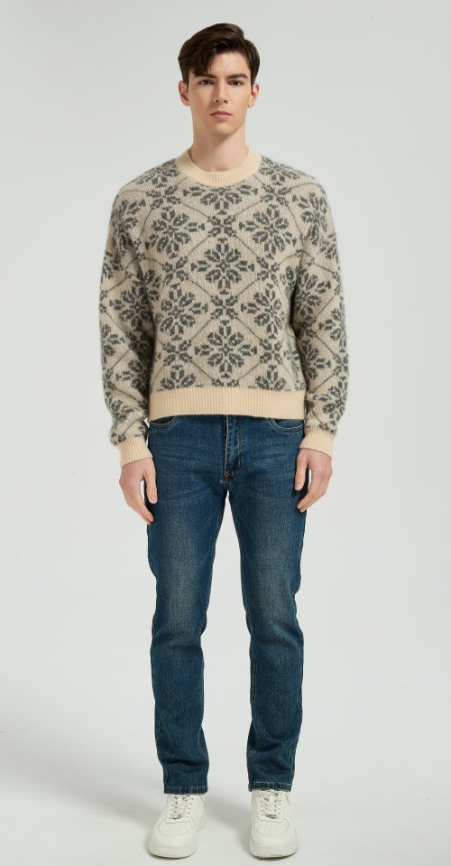 High Quality Men's Classic Geometric Jacquard Silk Cashmere Sweater From Chinese Factory