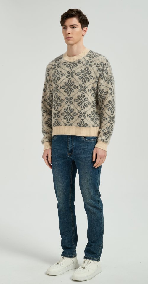High Quality Men's Classic Geometric Jacquard Silk Cashmere Sweater From Chinese Factory
