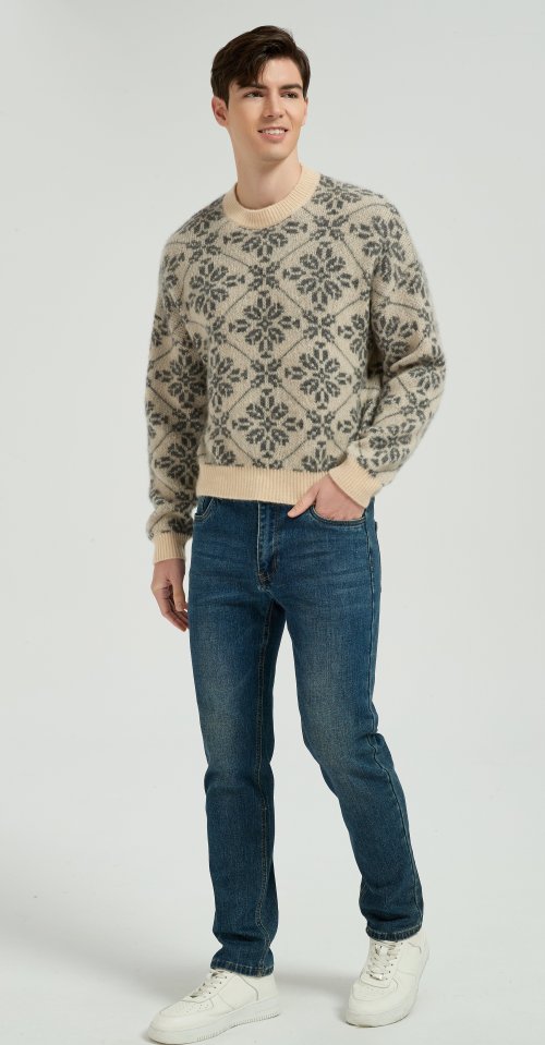 High Quality Men's Classic Geometric Jacquard Silk Cashmere Sweater From Chinese Factory