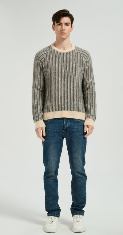 New Design Men's Crew Neck Vertical Striped Silk Cashmere Sweater From China
