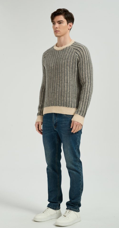 New Design Men's Crew Neck Vertical Striped Silk Cashmere Sweater From China