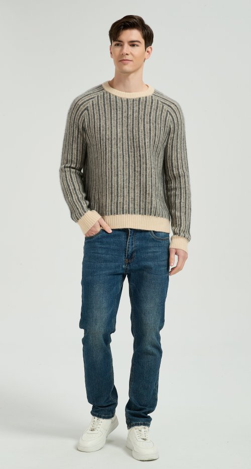 New Design Men's Crew Neck Vertical Striped Silk Cashmere Sweater From China