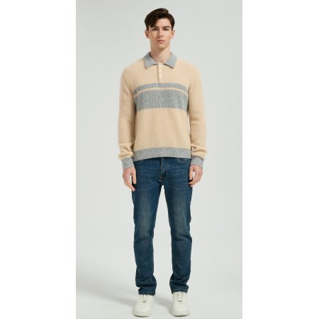 Custom Design Men's Color Block Polo Collar Silk Cashmere Sweater From Chinese Manufacturer