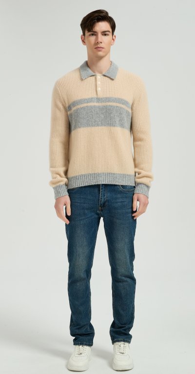 Custom Design Men's Color Block Polo Collar Silk Cashmere Sweater From Chinese Manufacturer