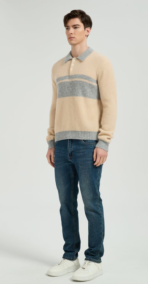 Custom Design Men's Color Block Polo Collar Silk Cashmere Sweater From Chinese Manufacturer