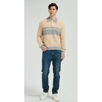 Custom Design Men's Color Block Polo Collar Silk Cashmere Sweater From Chinese Manufacturer
