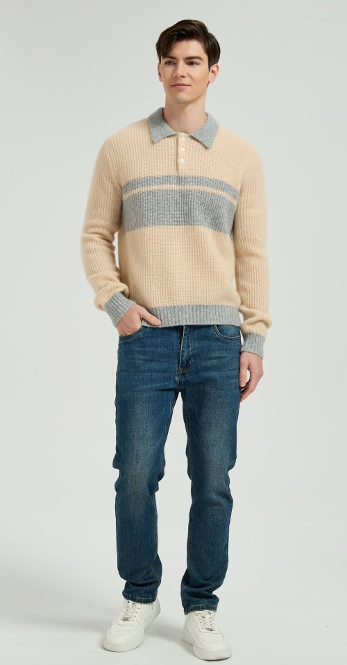 Custom Design Men's Color Block Polo Collar Silk Cashmere Sweater From Chinese Manufacturer
