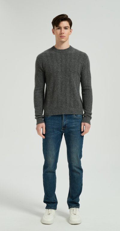 New Arrival Men's Dark Grey Chenron Pattern Silk Cashmere Pullover From Chinese Factory