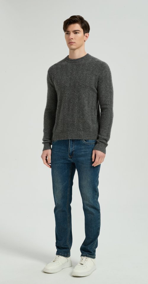 New Arrival Men's Dark Grey Chenron Pattern Silk Cashmere Pullover From Chinese Factory