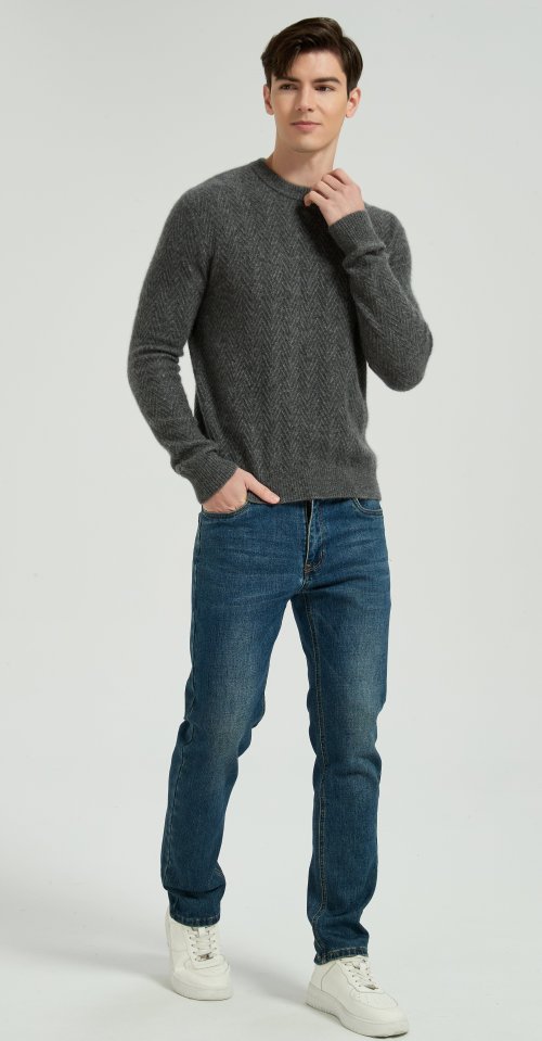 New Arrival Men's Dark Grey Chenron Pattern Silk Cashmere Pullover From Chinese Factory