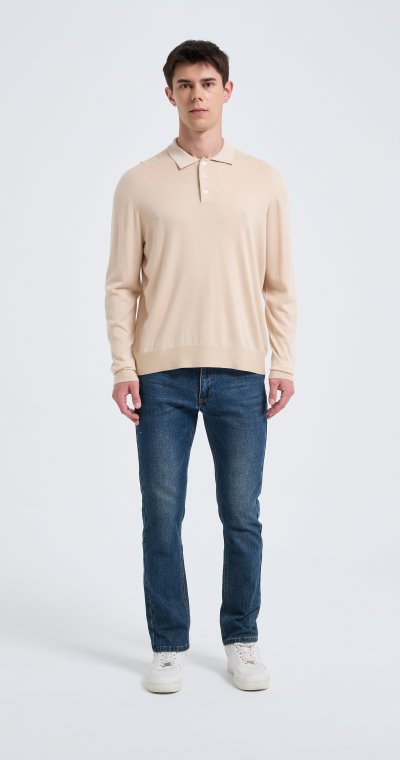 High Quality Men's Long Sleeve Worsted Silk Cashmere Polo Pullover From Chinese Factory