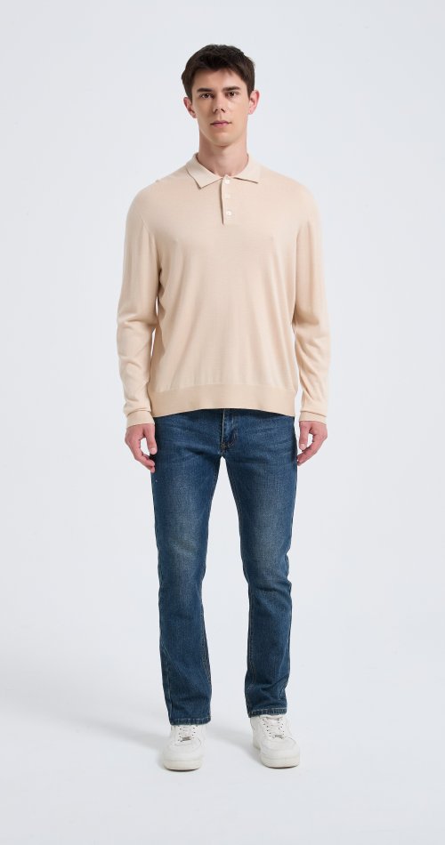 High Quality Men's Long Sleeve Worsted Silk Cashmere Polo Pullover From Chinese Factory