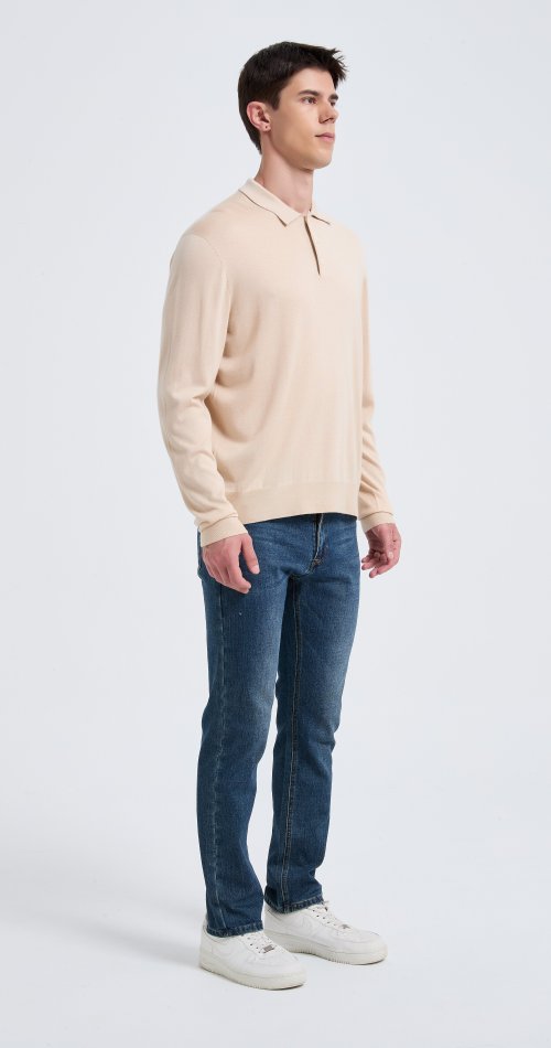 High Quality Men's Long Sleeve Worsted Silk Cashmere Polo Pullover From Chinese Factory