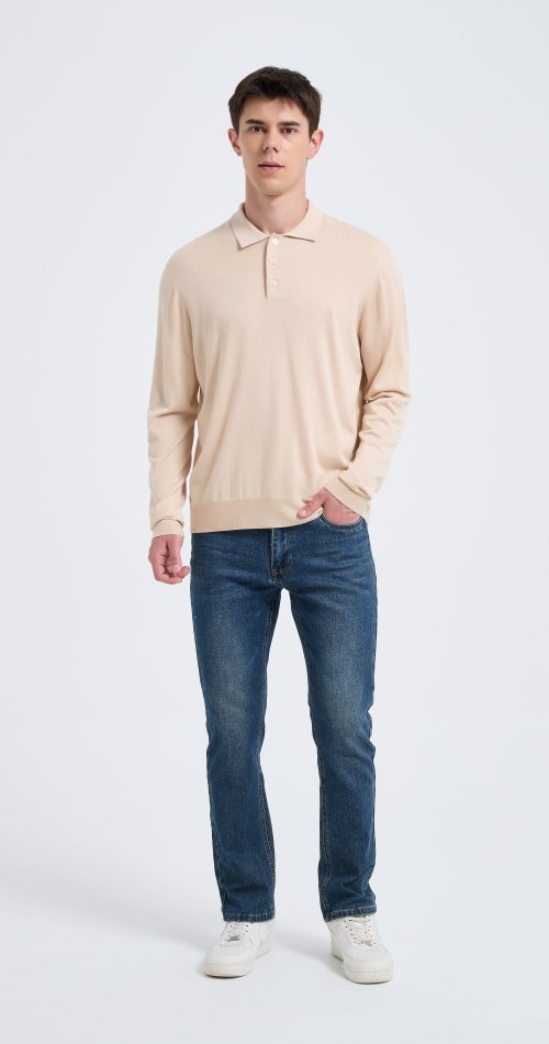 High Quality Men's Long Sleeve Worsted Silk Cashmere Polo Pullover From Chinese Factory