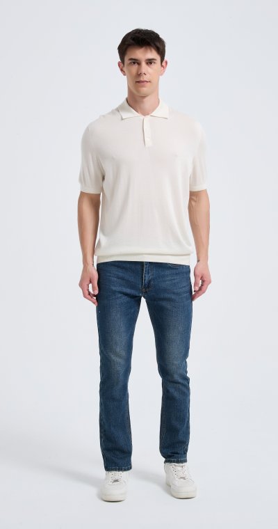 Wholesale Men's White Short Sleeve Worsted Silk Cashmere Polo Shirt From Chinese Manufacturer