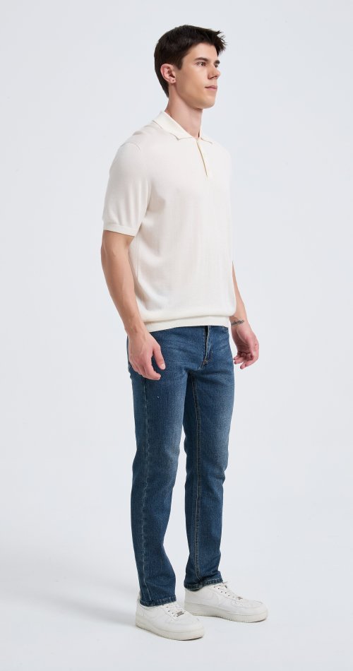 Wholesale Men's White Short Sleeve Worsted Silk Cashmere Polo Shirt From Chinese Manufacturer