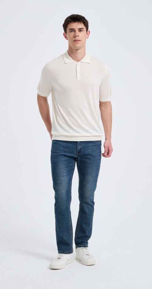 Wholesale Men's White Short Sleeve Worsted Silk Cashmere Polo Shirt From Chinese Manufacturer