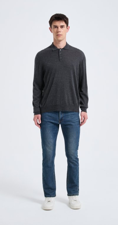 Custom Design Men's Charcoal Long Sleeve Worsted Silk Cashmere Polo Sweater From China