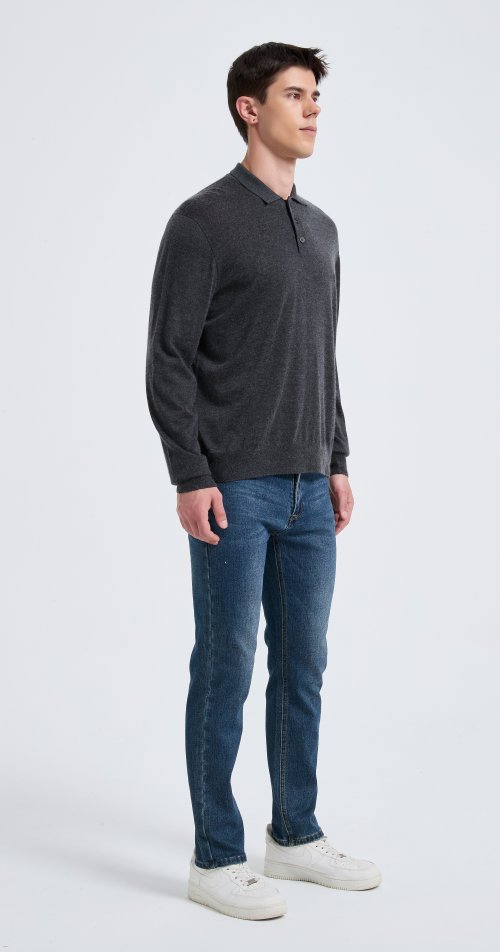 Custom Design Men's Charcoal Long Sleeve Worsted Silk Cashmere Polo Sweater From China