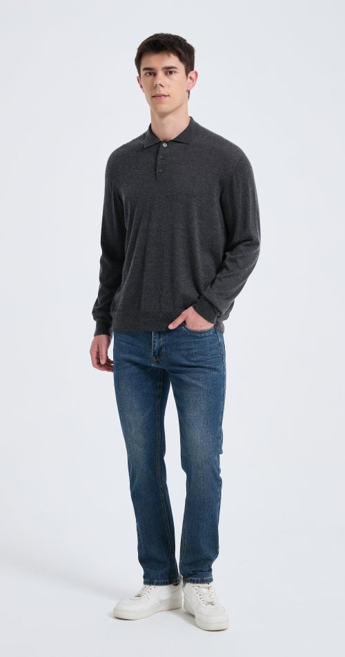 Custom Design Men's Charcoal Long Sleeve Worsted Silk Cashmere Polo Sweater From China