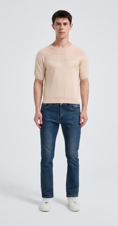 New Arrival Men's Crew Neck Hollow Pattern Worsted Silk Cashmere Sweater From Chinese Supplier