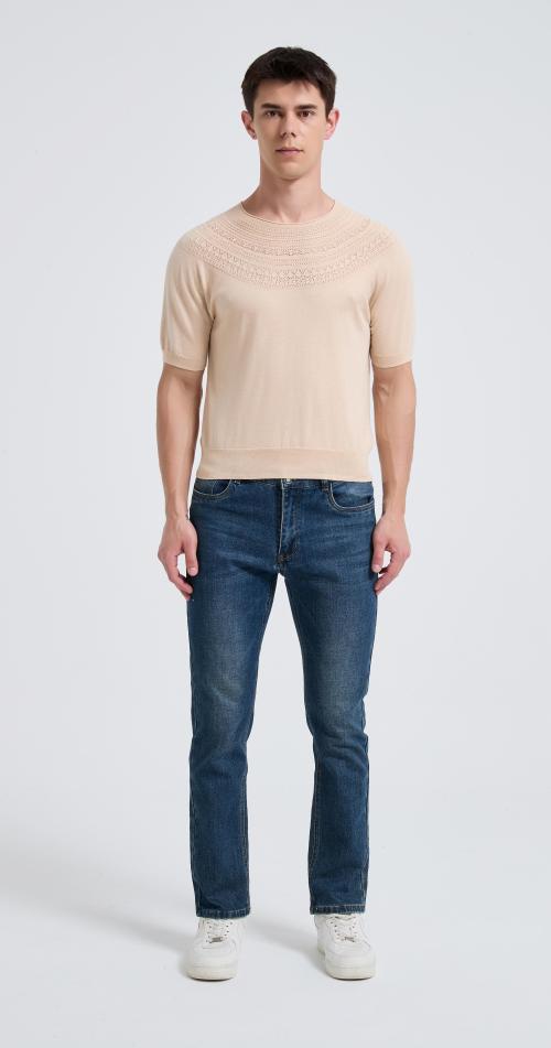 New Arrival Men's Crew Neck Hollow Pattern Worsted Silk Cashmere Sweater From Chinese Supplier