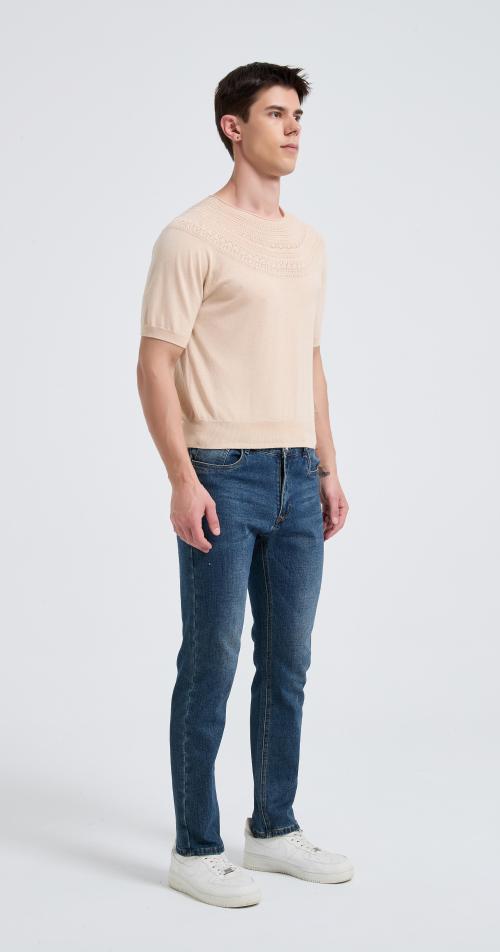New Arrival Men's Crew Neck Hollow Pattern Worsted Silk Cashmere Sweater From Chinese Supplier