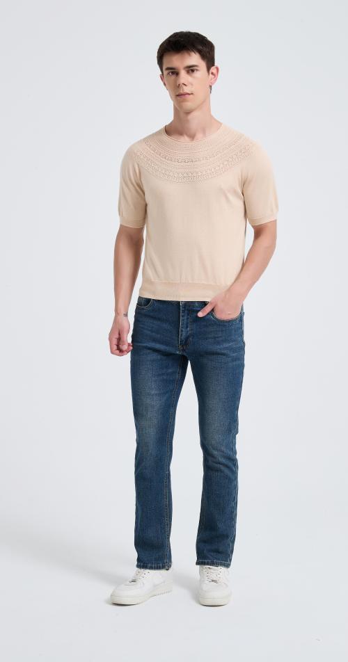 New Arrival Men's Crew Neck Hollow Pattern Worsted Silk Cashmere Sweater From Chinese Supplier