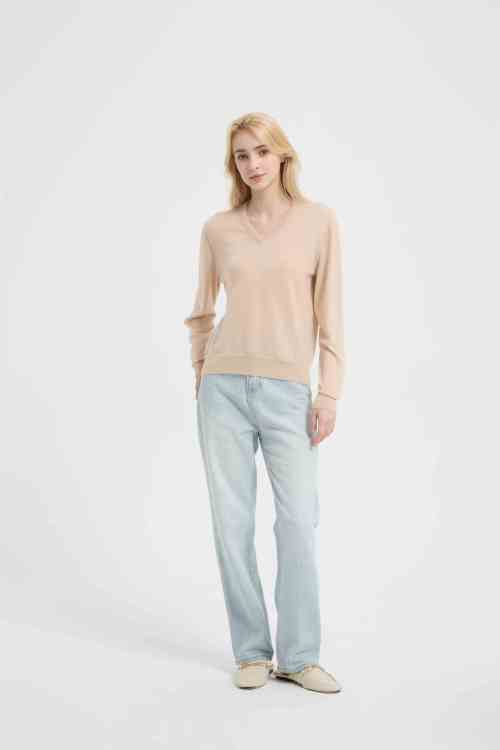 ODM Ladies 100% Worsted Baby Cashmere V-neck Sweater From Chinese Supplier