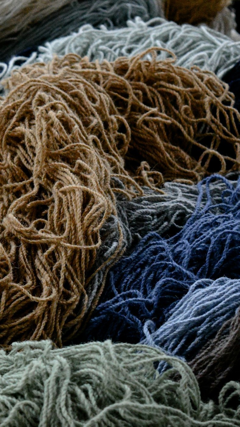 A variety of cashmere yarn skeins in earthy and muted tones, representing the yarn supply that determines the final sweater quality