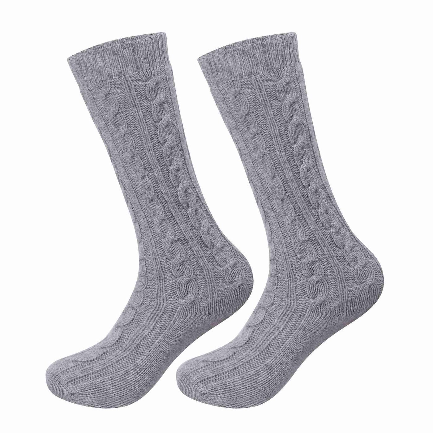 A pair of grey cable-knit cashmere socks photographed on a white background, showing the ribbed cuff and textured cable pattern