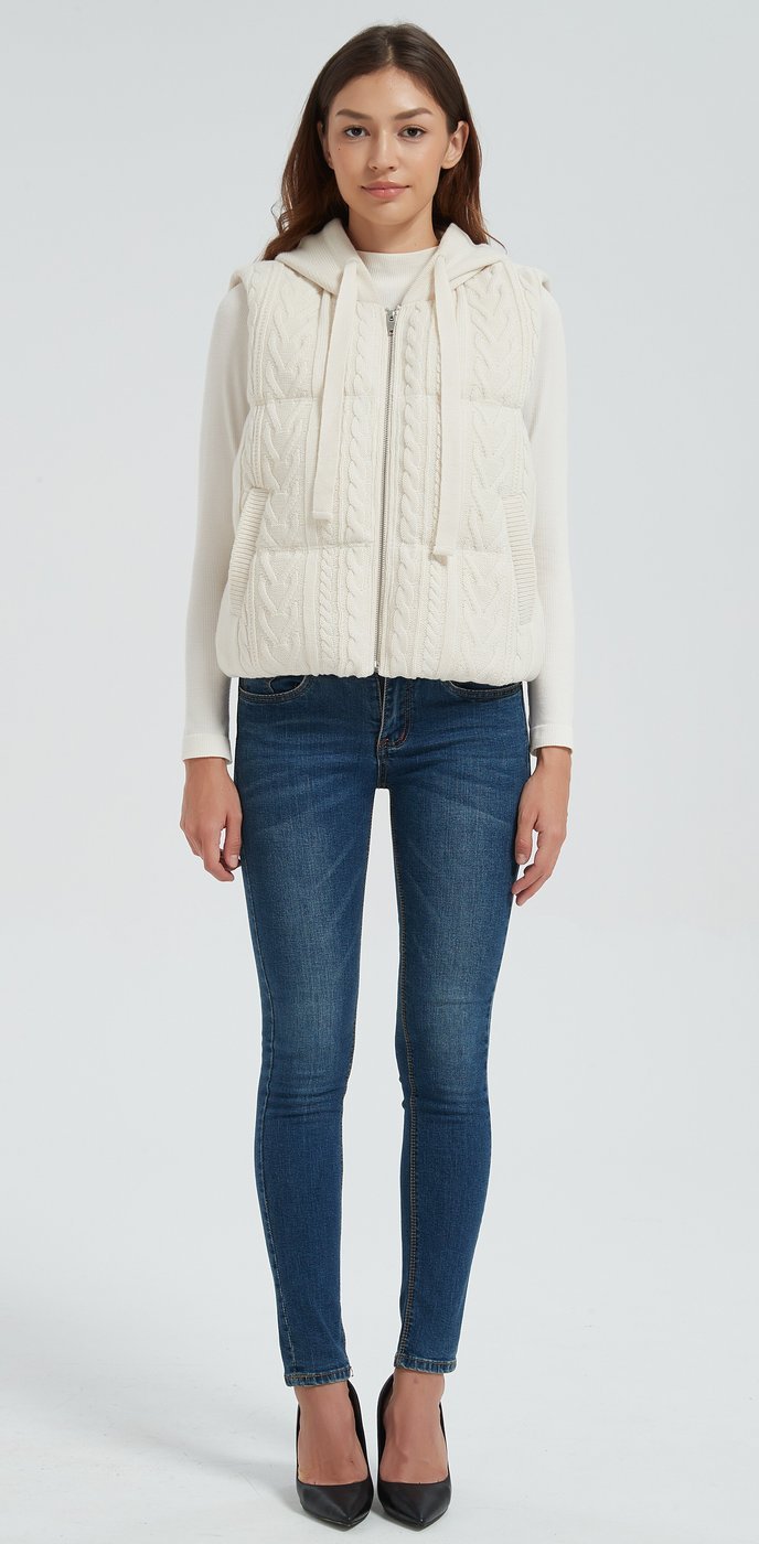 Cable-knit cashmere hooded vest, full body view