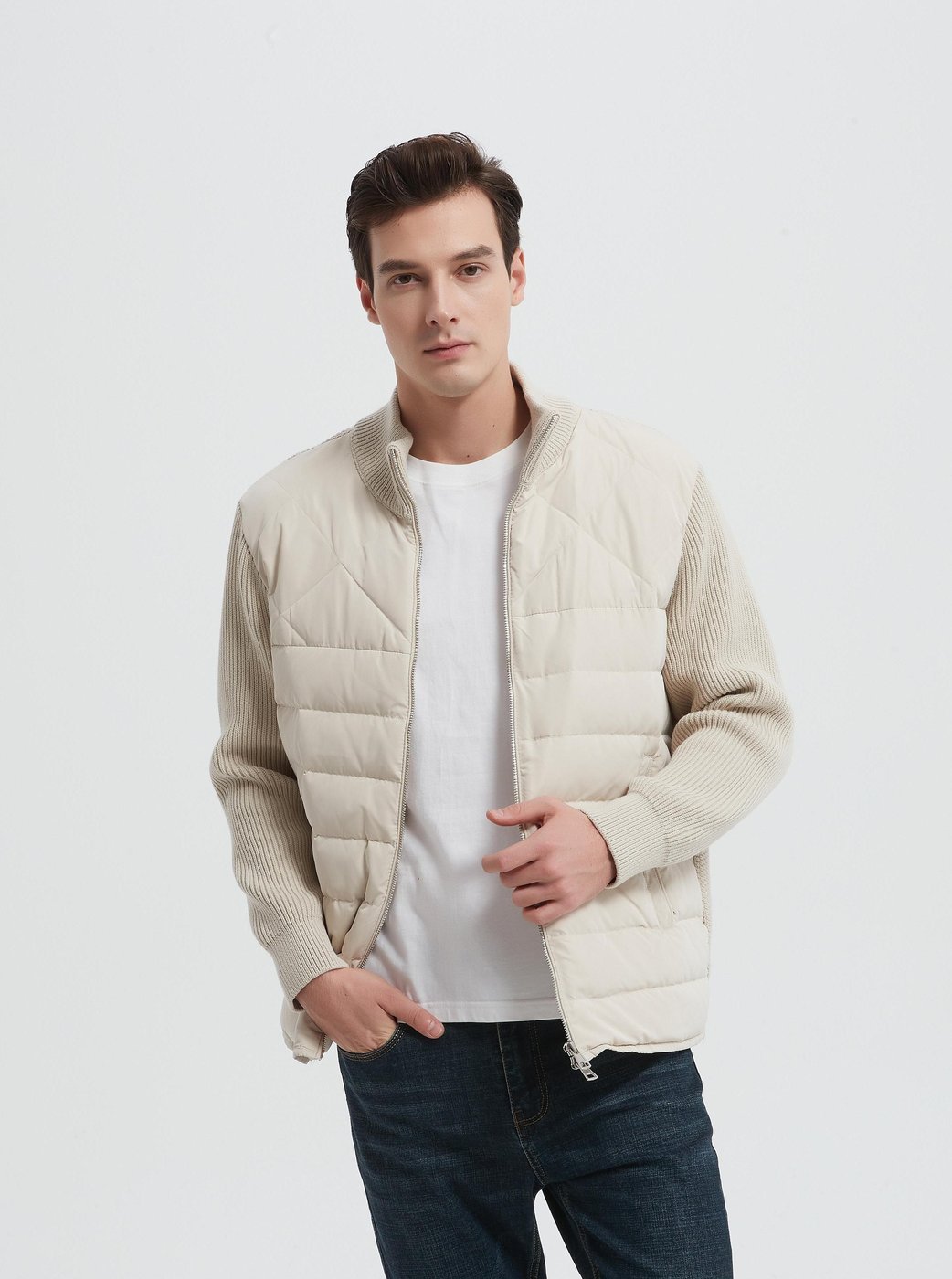 Men's paneled cashmere jacket, front view