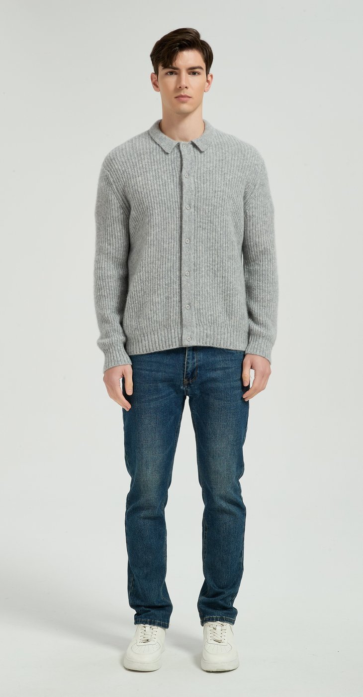 Men's light grey collared rib knit cardigan