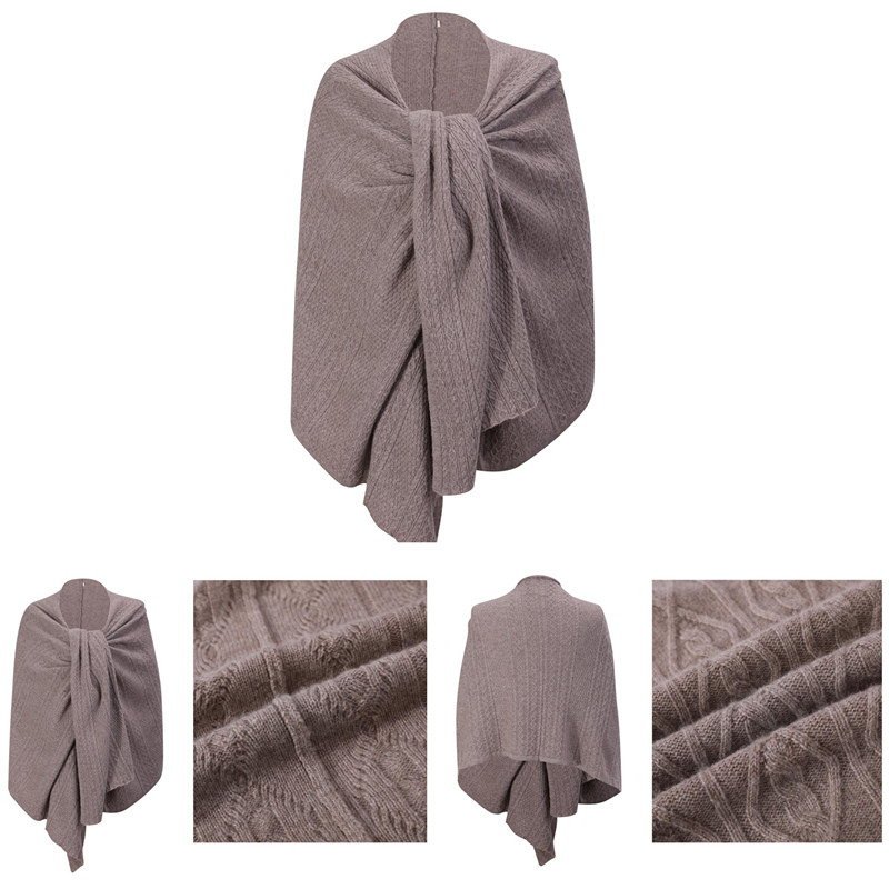 Cable-knit cashmere shawl shown flat with construction and stitch detail