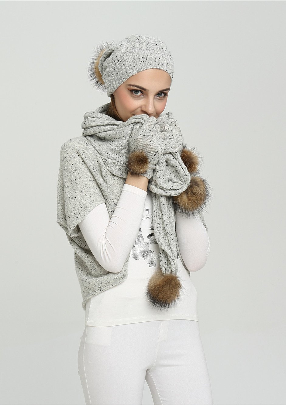 Grey speckled cashmere hat, scarf and glove set with fur pompoms