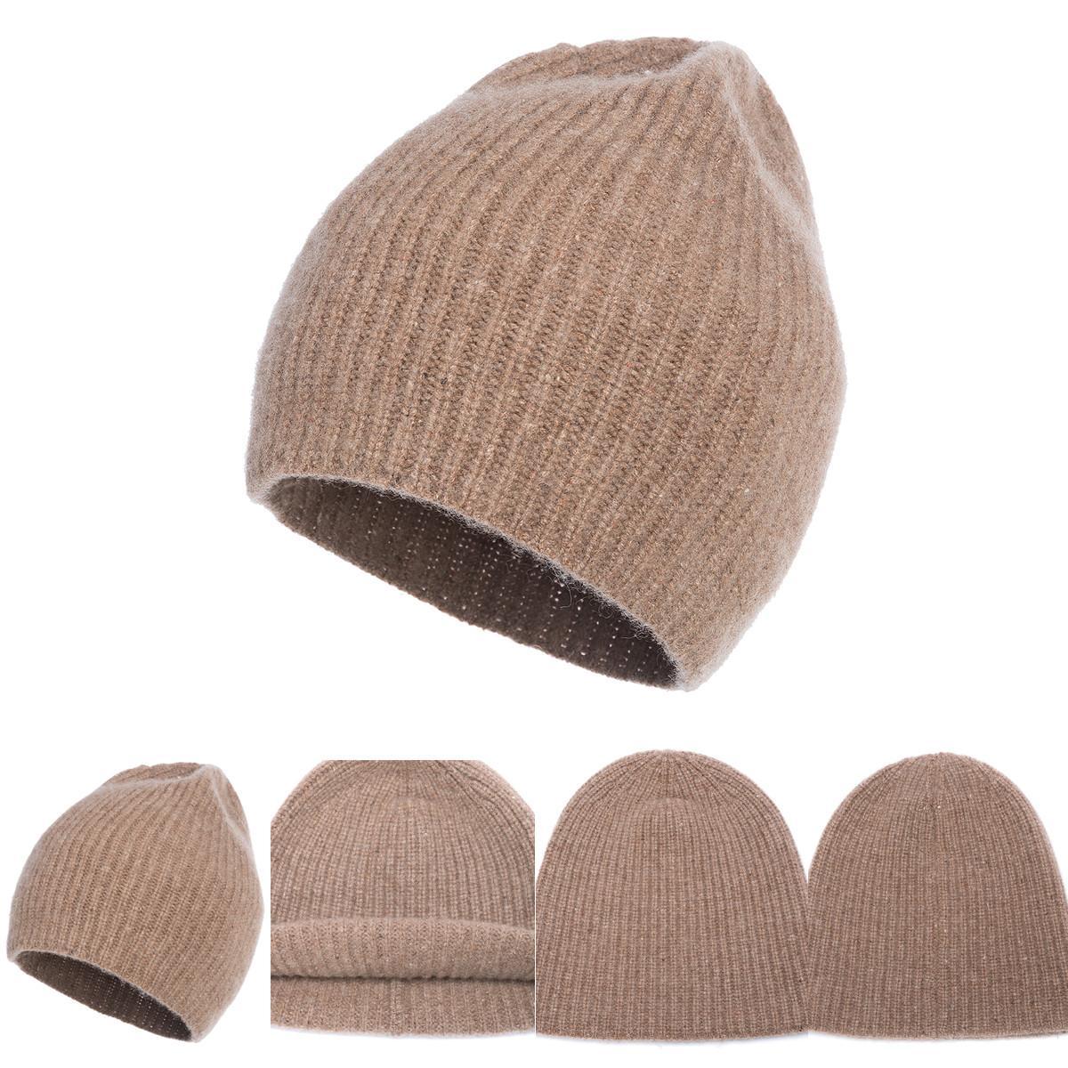 Camel ribbed cashmere beanie shown from five angles