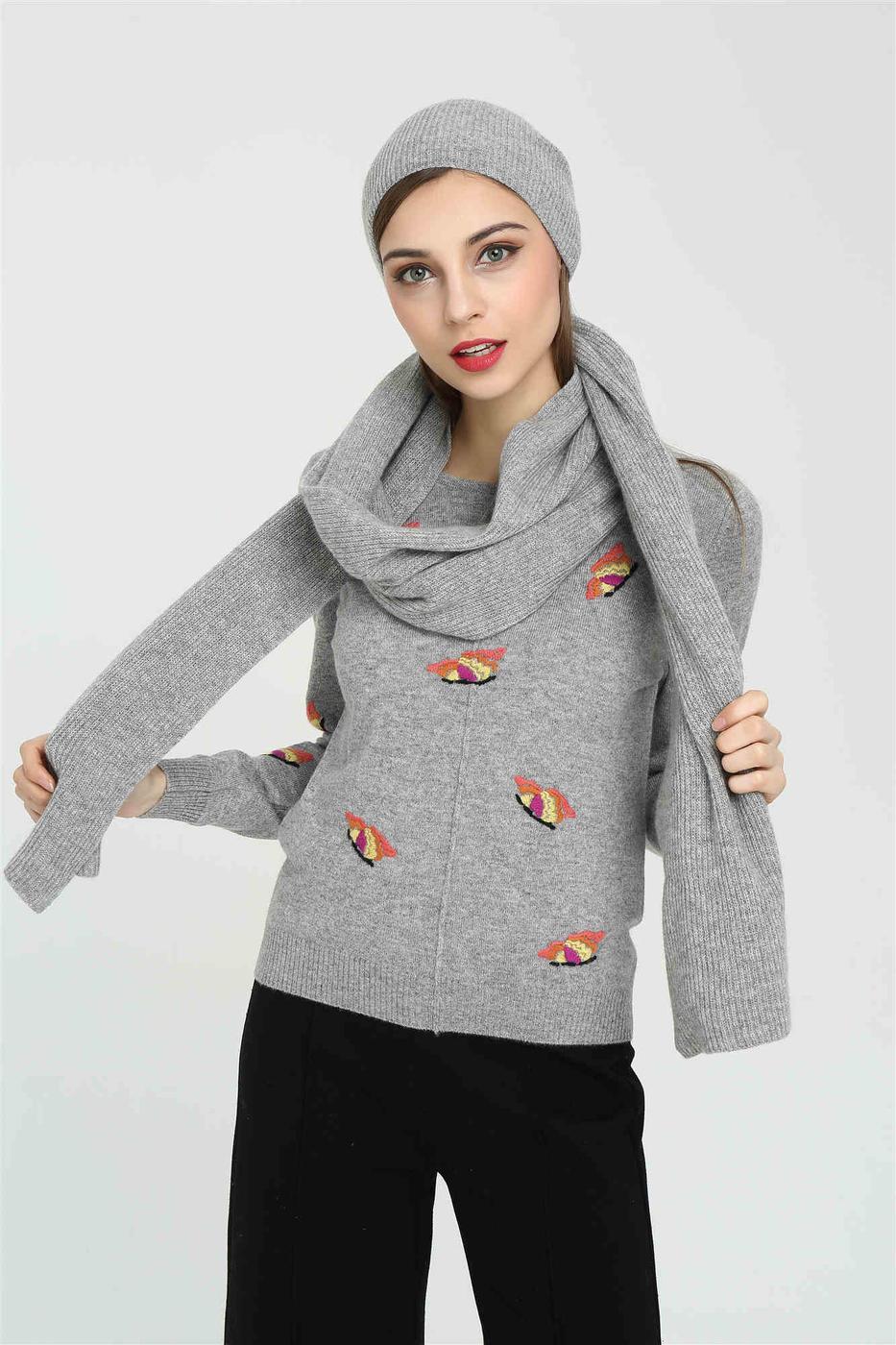 Model wearing a grey cashmere beanie with a long matching scarf