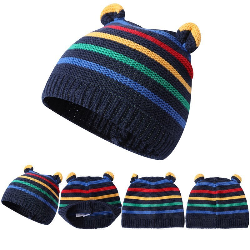 Blue striped kids cashmere beanie with knitted bear ears, shown from five angles