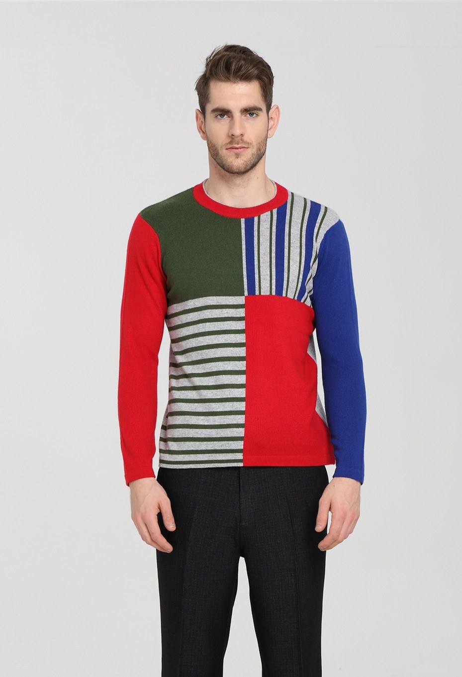 Men's multi-colour striped cashmere sweater with red, navy and grey panels