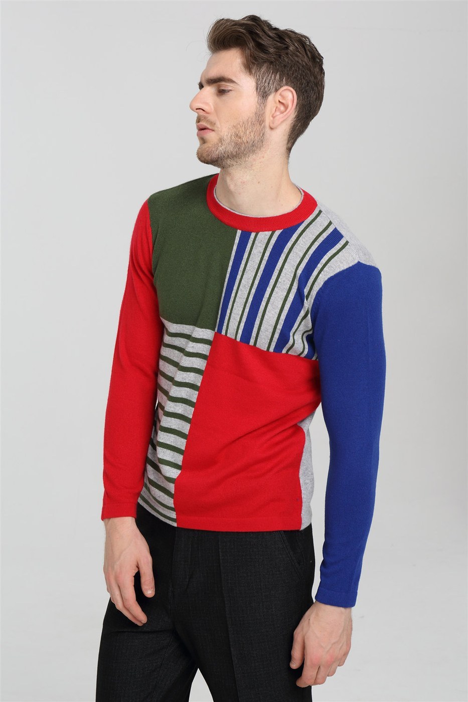 Man wearing a red and navy striped cashmere sweater in a second colourway