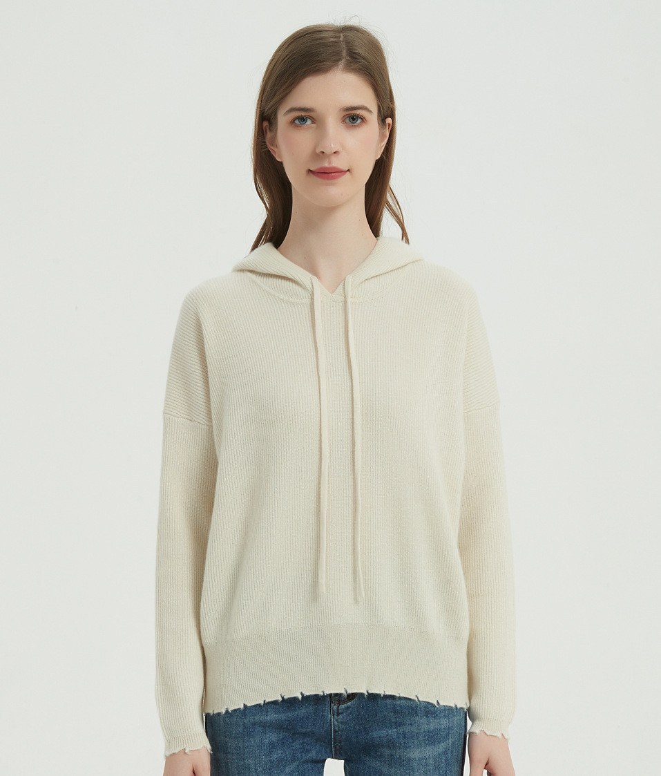 Cream cashmere hoodie in a clean-finished knit, full length