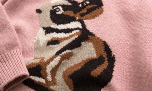 ODM factoyr pink color cute girl cashmere dress sweater with rabbit pattern