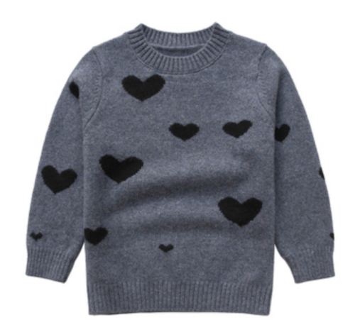 jersey de cachemir gris para niños con estampado de corazones y cuello redondo
