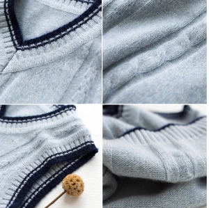 wholesale boy v-neck cashmere grey cable knitting gilet with strip China vendor