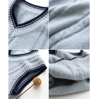 wholesale boy v-neck cashmere grey cable knitting gilet with strip China vendor