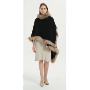 Wholesale fashion oversize pure cashmere ladies poncho with fur collar China manufacturer