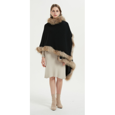 Wholesale  oversize pure cashmere ladies poncho with fur collar China manufacturer