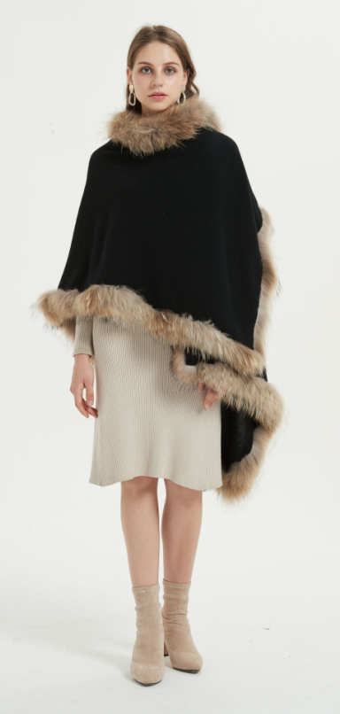 Wholesale OEM high quality wool cashmere women poncho with fur from Chinese manufacturer